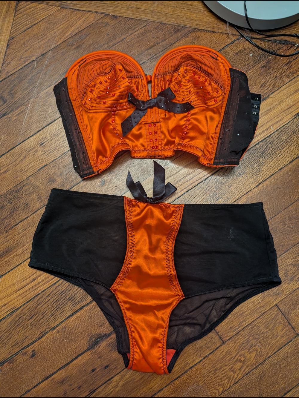 Bettie Page Orange and Black Satin Strapless Bustier HighWaist BETTIE PAIGE SET